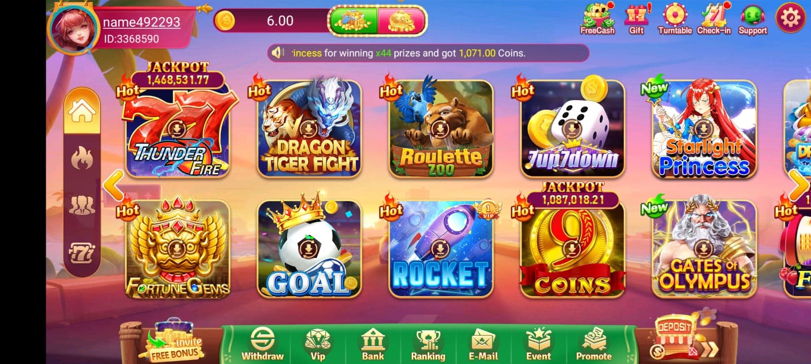 WA777 Games interface showing a featured game