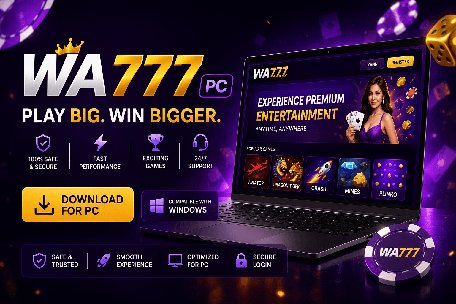WA777 Game interface displayed on a desktop computer