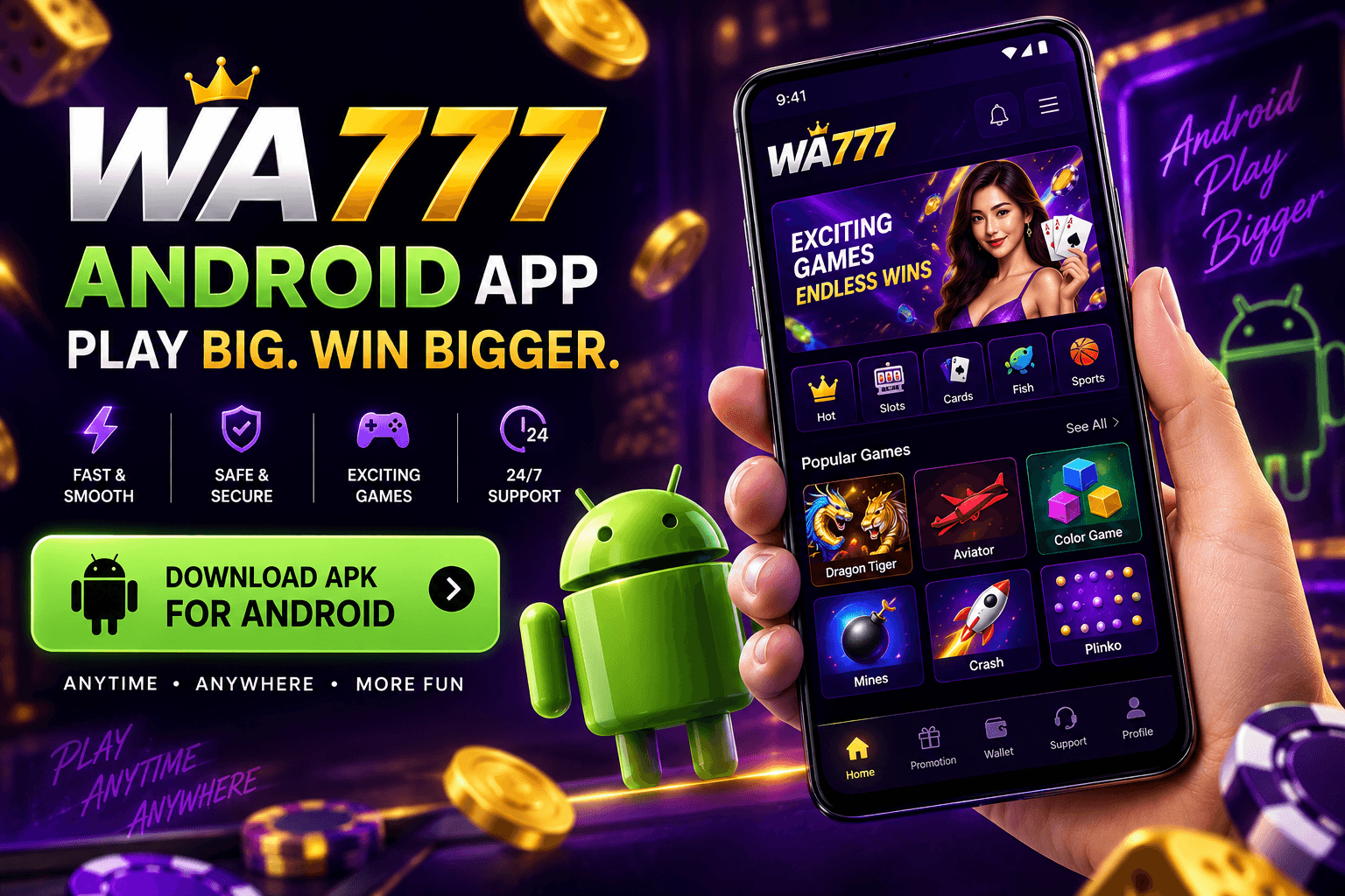 WA777 Game interface displayed on an Android smartphone