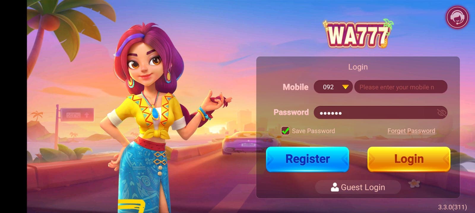 WA777 Game interface showing the main gaming screen