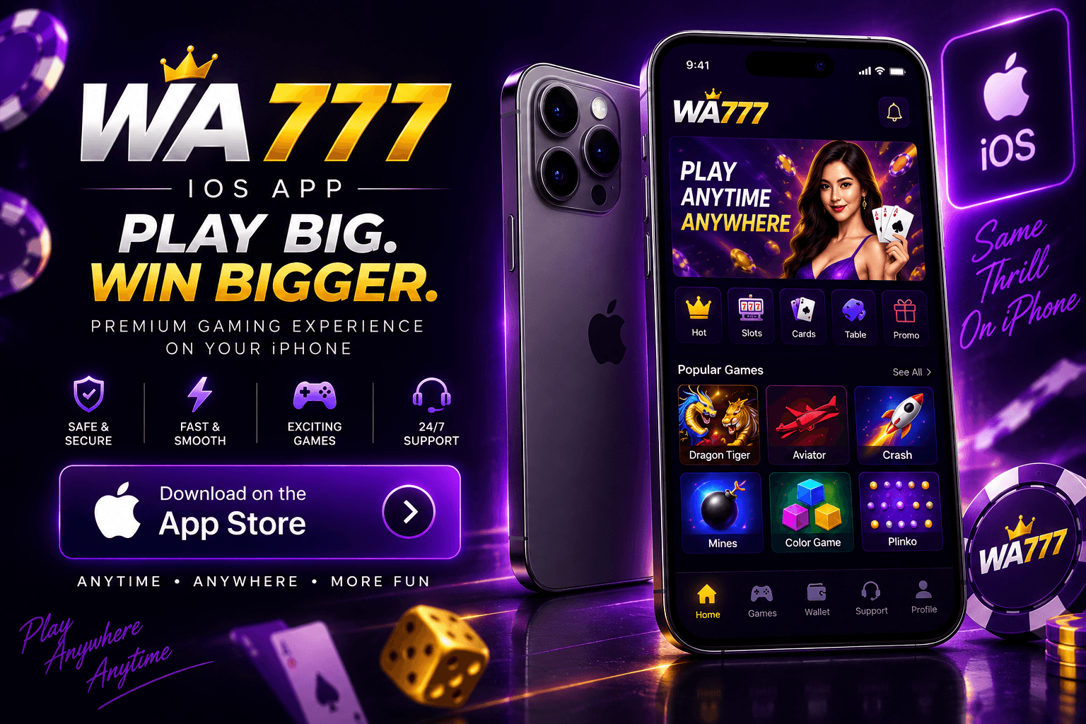 WA777 Game interface displayed on an iPhone and iPad